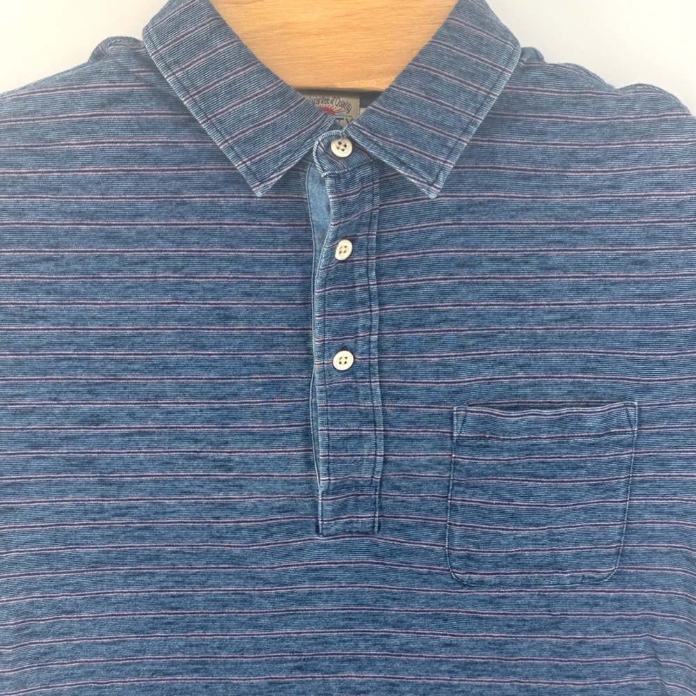 Faherty Brand Mens Blue Pink Striped Short Sleeve Slub Polo Shirt Size M